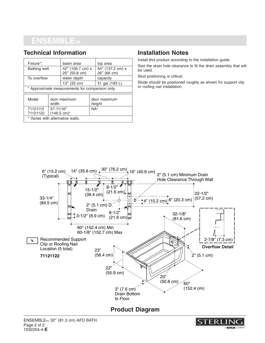 Sterling Plumbing 71121122, 71121112 warranty Technical Information, Installation Notes, Product Diagram 