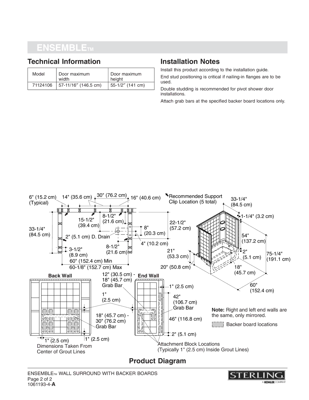 Sterling Plumbing 71124106 warranty Technical Information, Installation Notes, Product Diagram, Back Wall, End Wall 