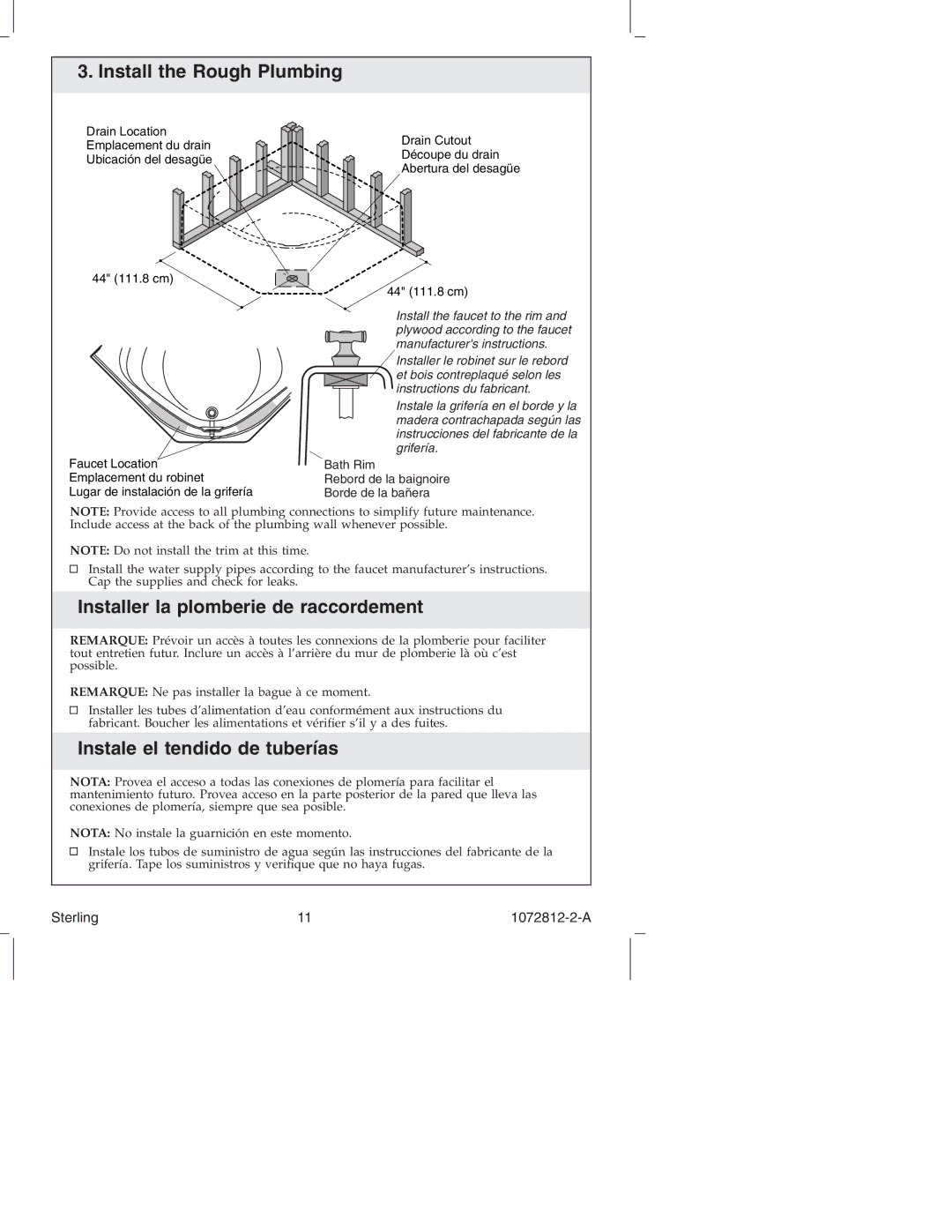 Sterling Plumbing 7113 Series manual Install the Rough Plumbing, Installer la plomberie de raccordement 