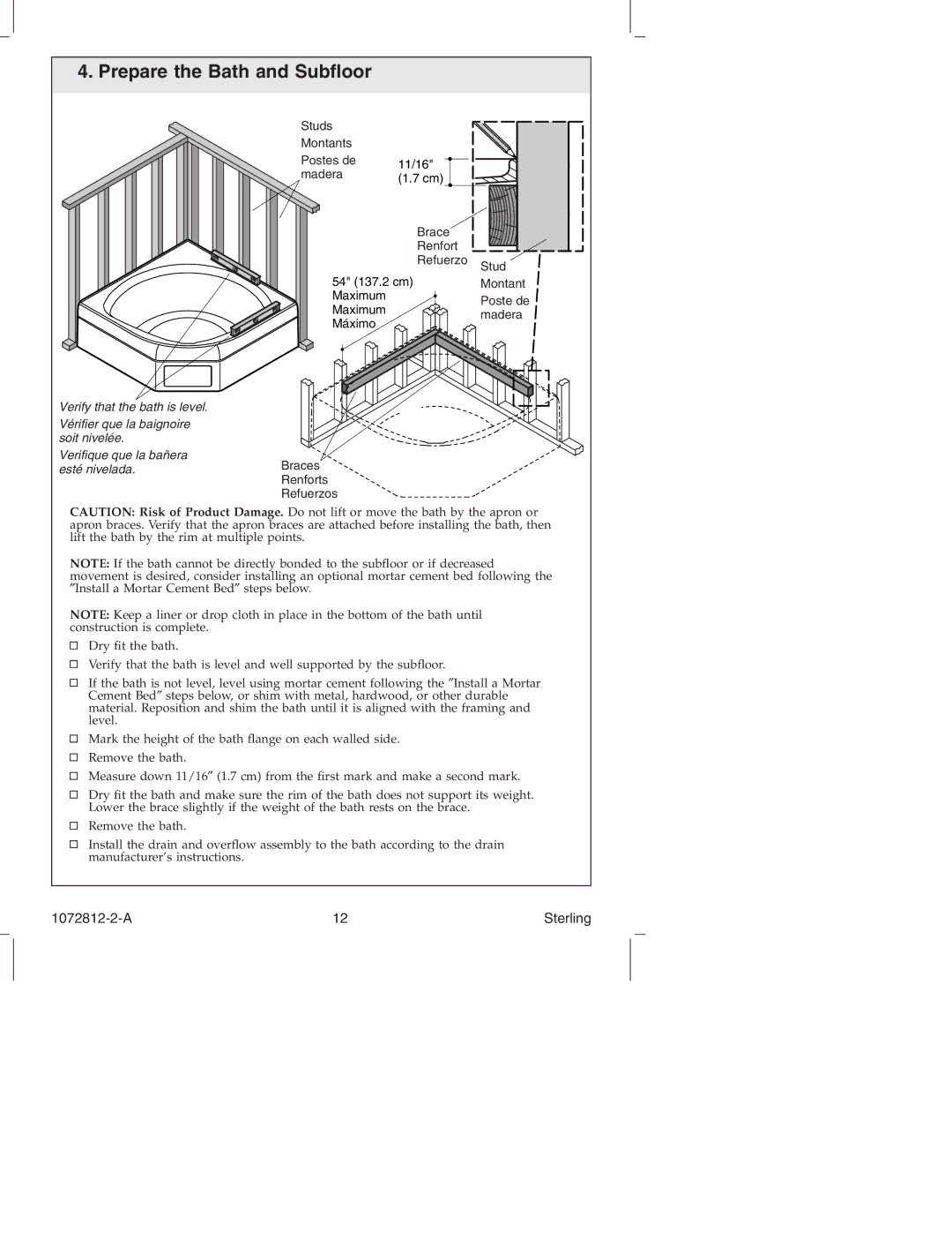 Sterling Plumbing 7113 Series manual Prepare the Bath and Subﬂoor, Refuerzos 