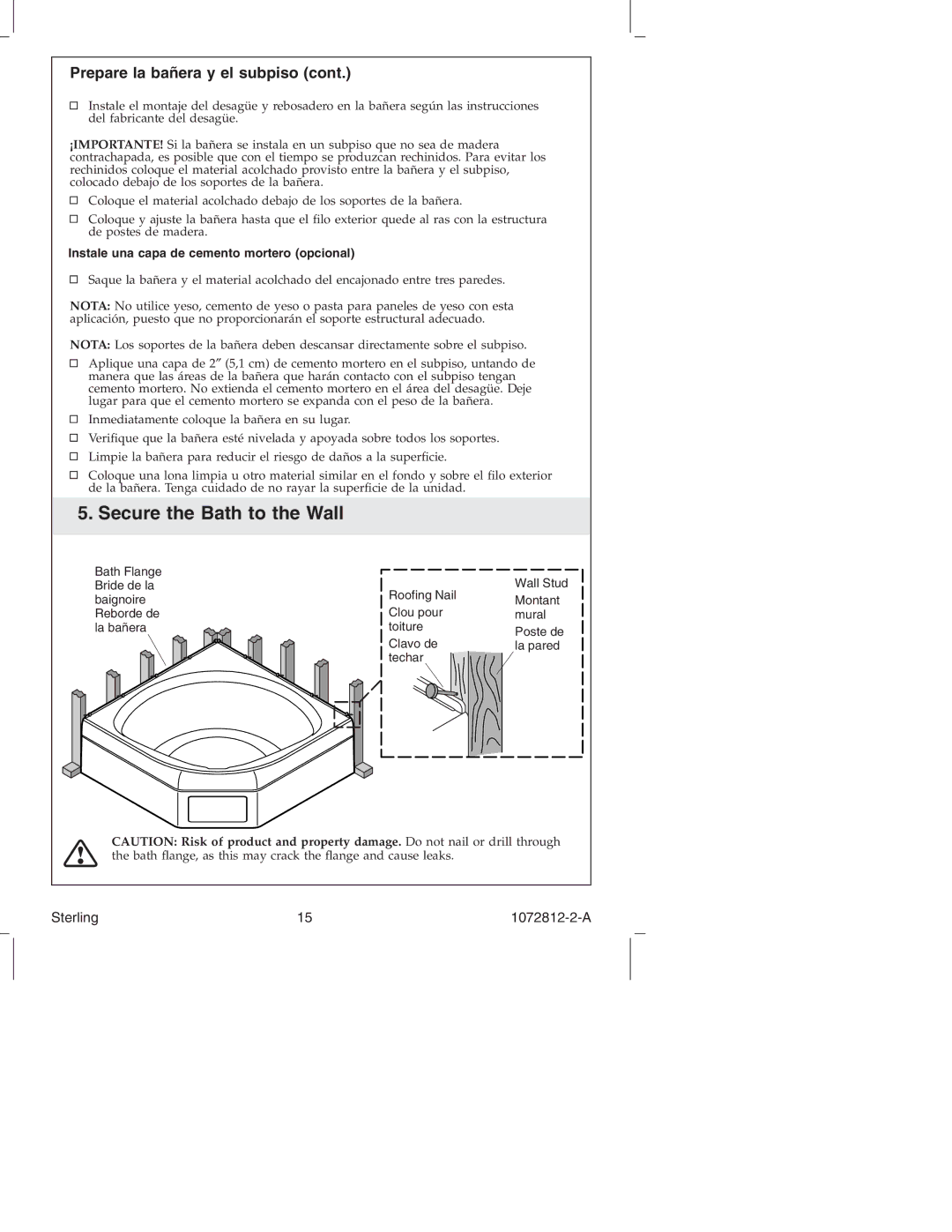 Sterling Plumbing 7113 Series manual Secure the Bath to the Wall, Prepare la bañera y el subpiso 