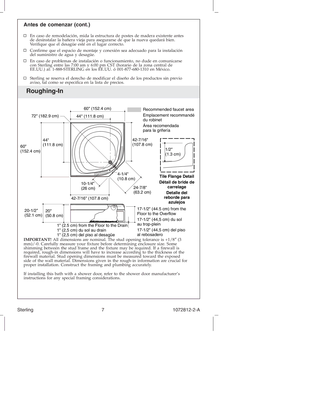 Sterling Plumbing 7113 Series manual Roughing-In, Antes de comenzar 