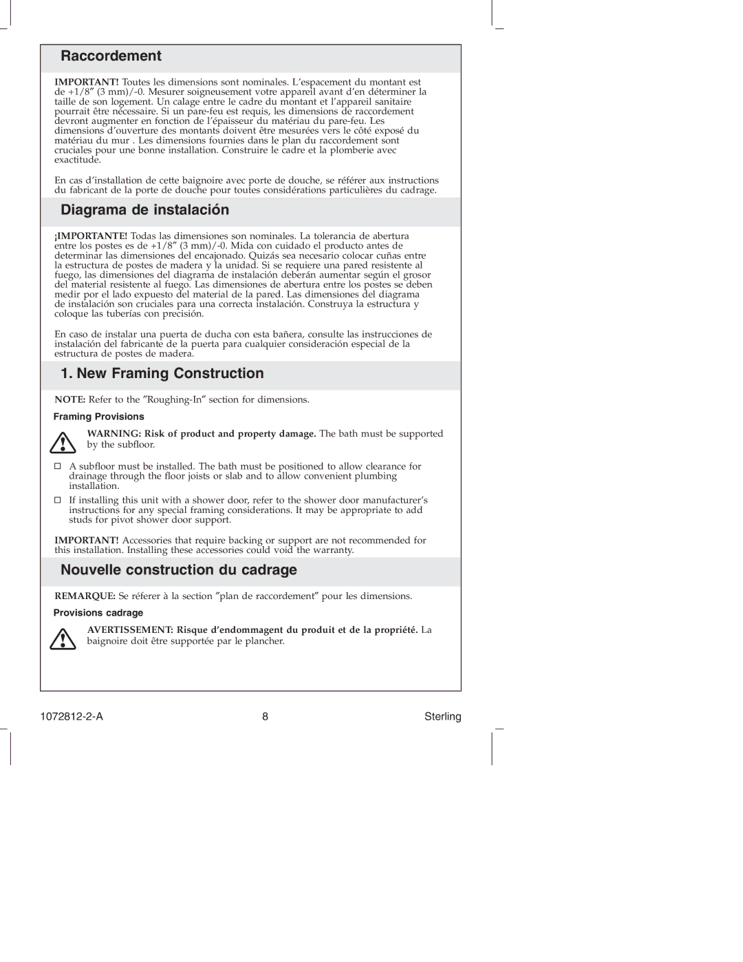 Sterling Plumbing 7113 Series manual Raccordement, Diagrama de instalación, New Framing Construction 