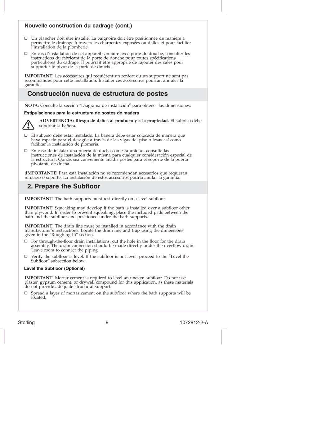 Sterling Plumbing 7113 Series Construcción nueva de estructura de postes, Prepare the Subﬂoor, Level the Subﬂoor Optional 