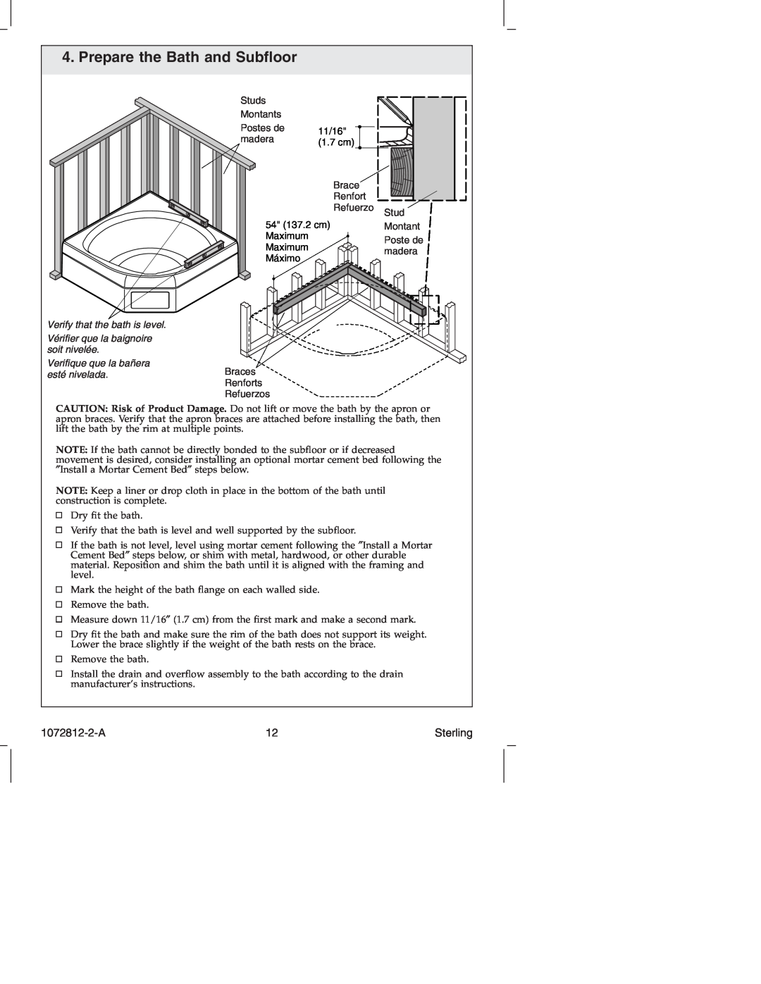 Sterling Plumbing 7113 Series manual Prepare the Bath and Subﬂoor, 1072812-2-A 