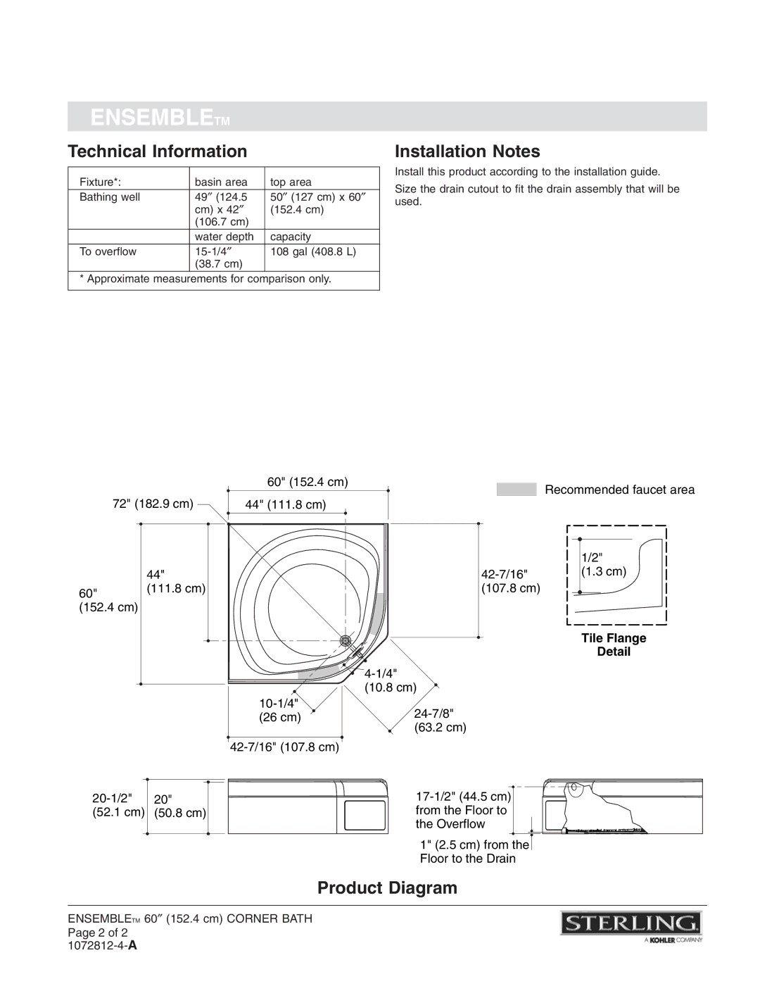 Sterling Plumbing 71131100 warranty Technical Information, Product Diagram, Installation Notes, Tile Flange Detail 