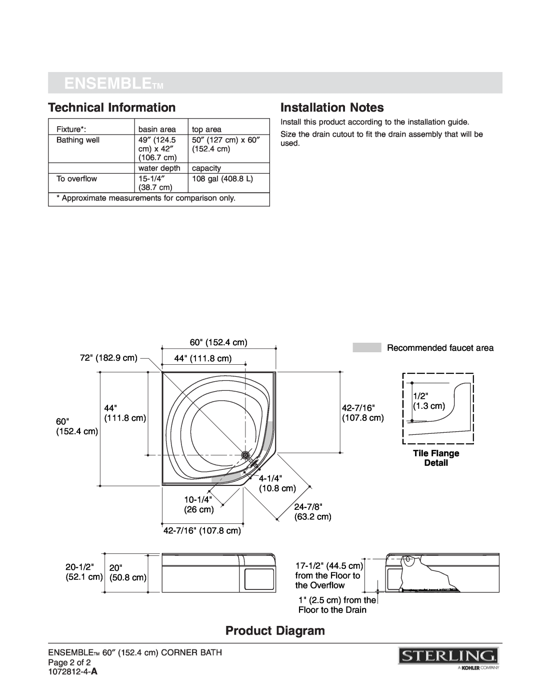 Sterling Plumbing 71131100 Technical Information, Product Diagram, Ensembletm, Installation Notes, Tile Flange Detail 