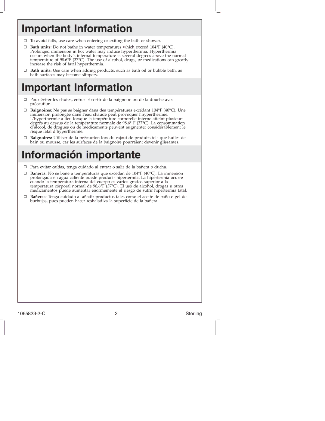 Sterling Plumbing 7114 Series manual Important Information 