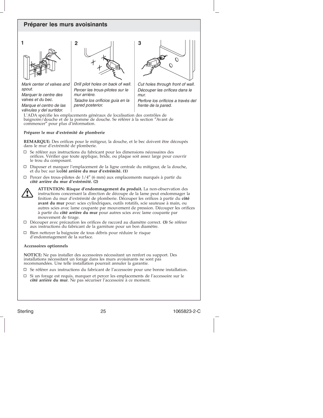 Sterling Plumbing 7114 Series manual Préparer les murs avoisinants, Préparer le mur d’extrémité de plomberie 