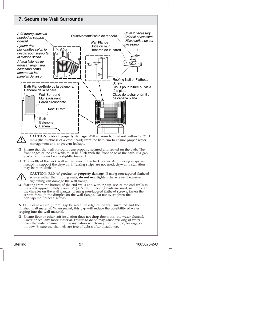 Sterling Plumbing 7114 Series manual Secure the Wall Surrounds, Bath Baignoire Bañera 