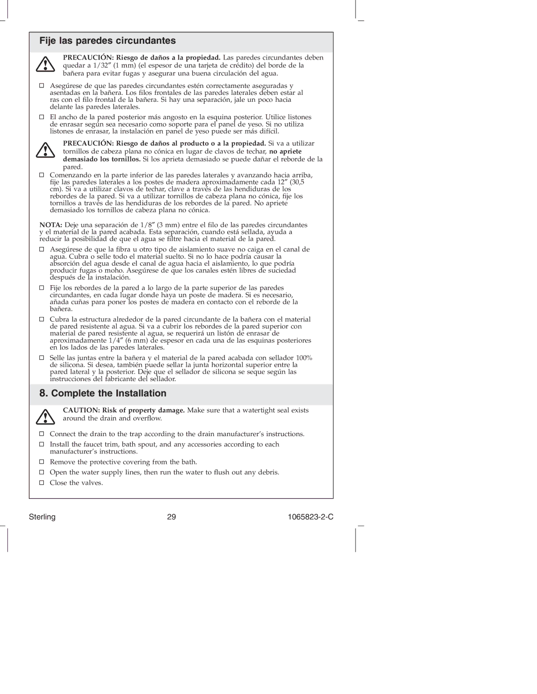 Sterling Plumbing 7114 Series manual Fije las paredes circundantes, Complete the Installation 