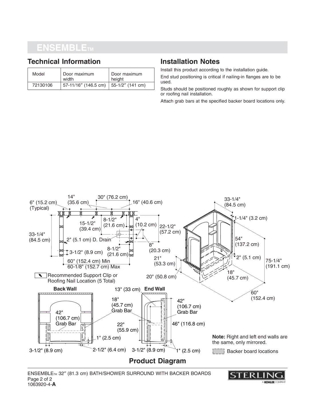 Sterling Plumbing 71224106 warranty Technical Information, Installation Notes, Product Diagram, Back Wall 