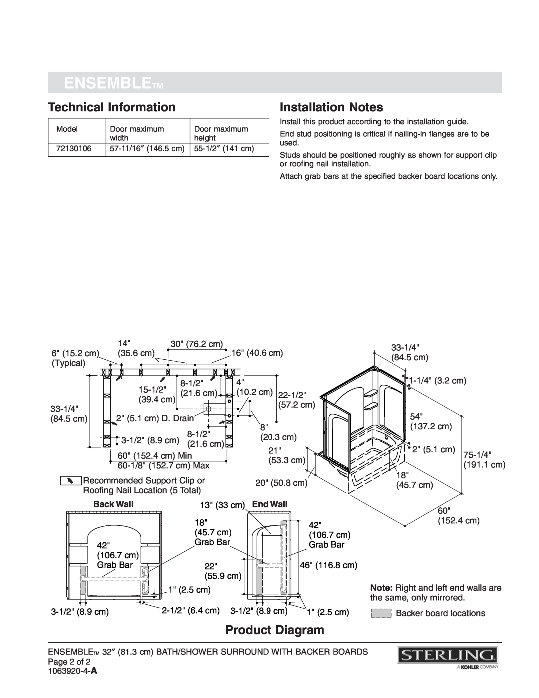 Sterling Plumbing 71224106 warranty Technical Information, Installation Notes, Product Diagram, Ensembletm, Back Wall 