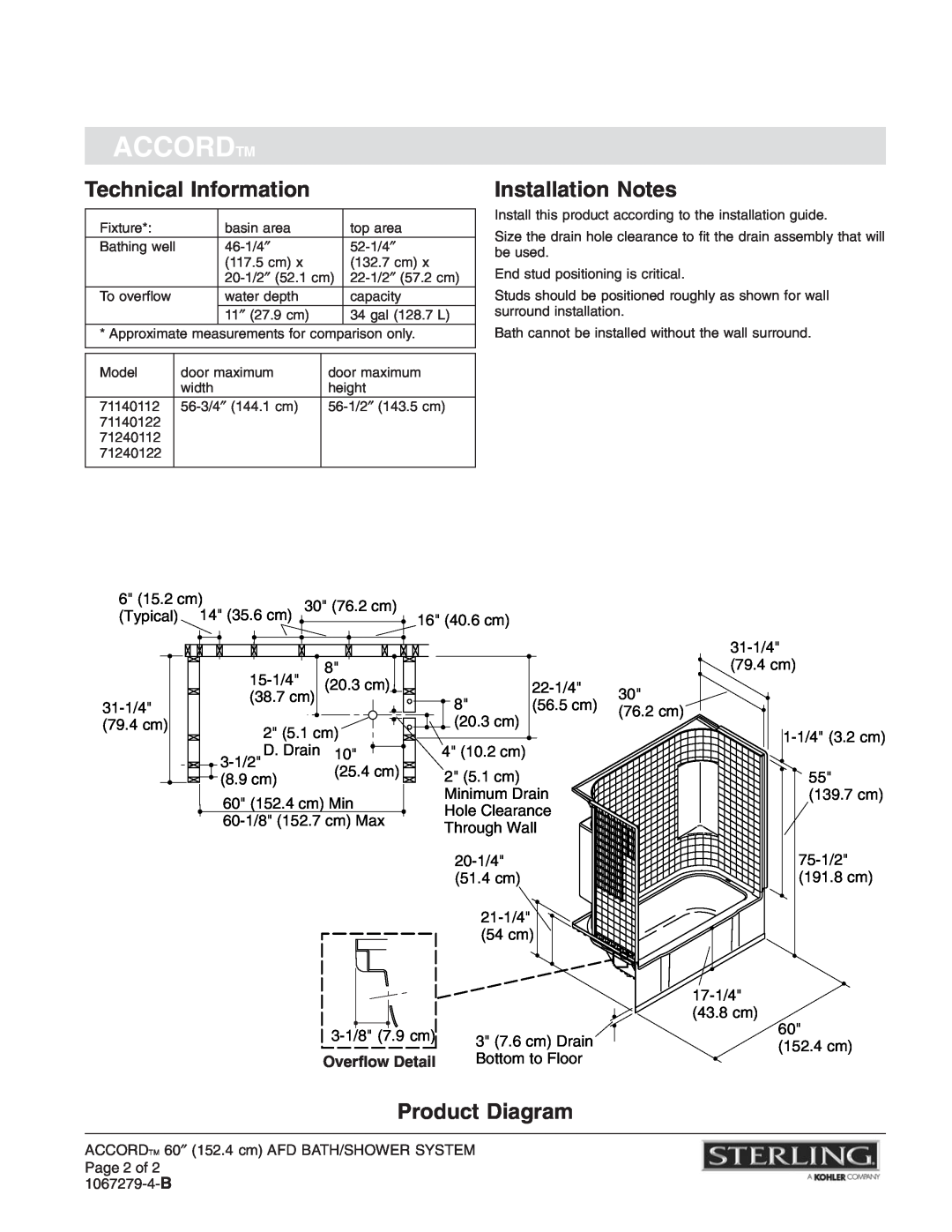 Sterling Plumbing 71140122, 71240122 Technical Information, Installation Notes, Product Diagram, Accordtm, Overflow Detail 
