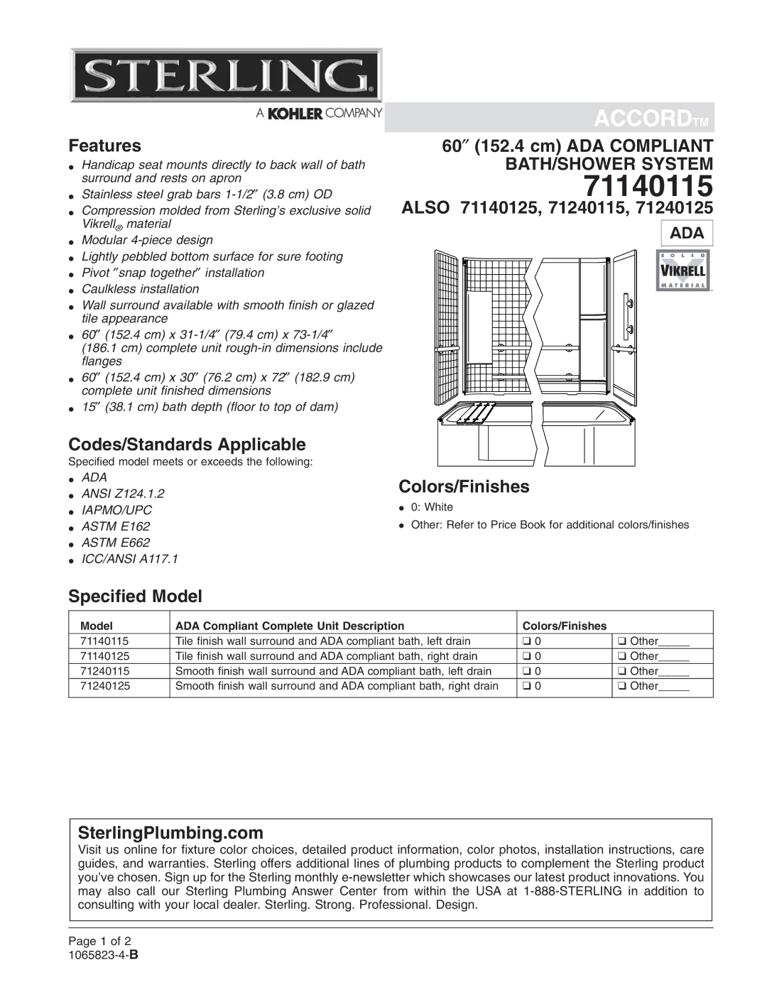 Sterling Plumbing 71240115, 71240125, 71140125 dimensions 71140115 