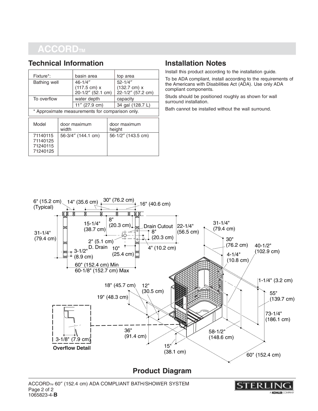 Sterling Plumbing 71140115, 71240125, 71240115, 71140125 dimensions Technical Information, Installation Notes, Product Diagram 