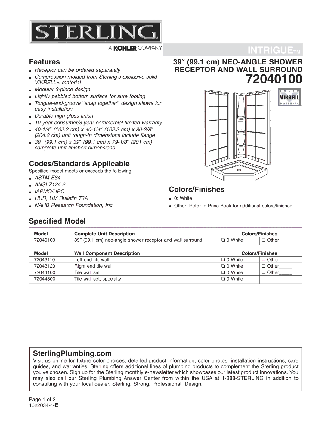 Sterling Plumbing 72040100 warranty 