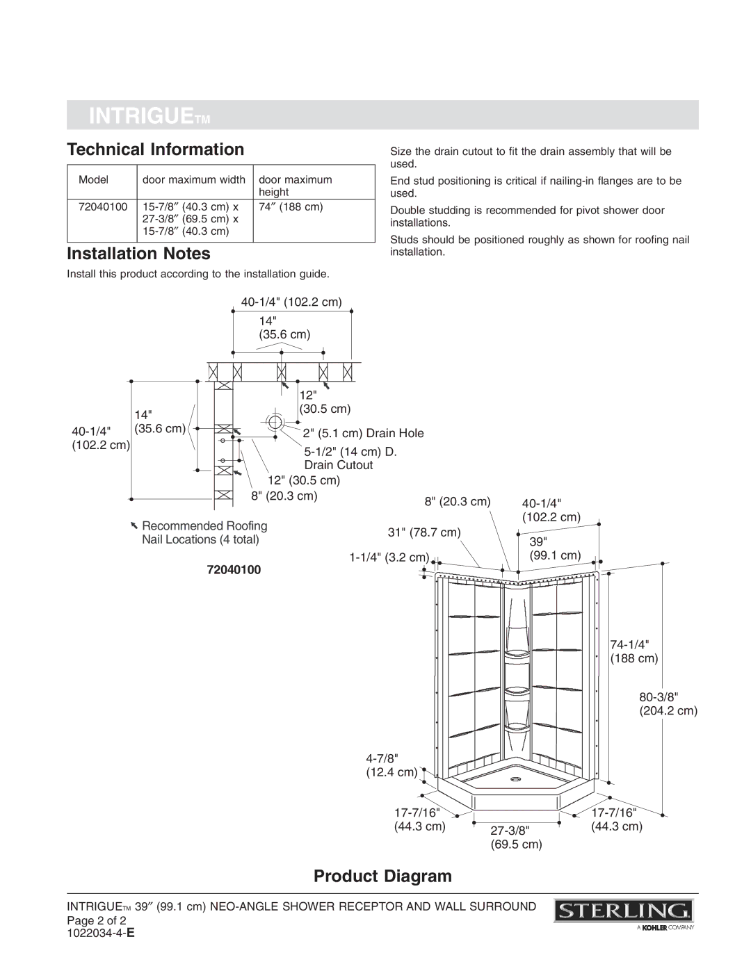 Sterling Plumbing 72040100 warranty Technical Information, Installation Notes, Product Diagram 