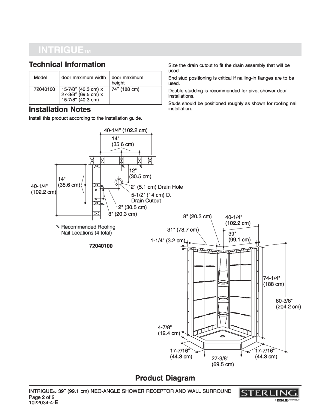 Sterling Plumbing 72040100 warranty Technical Information, Installation Notes, Product Diagram, Intriguetm 