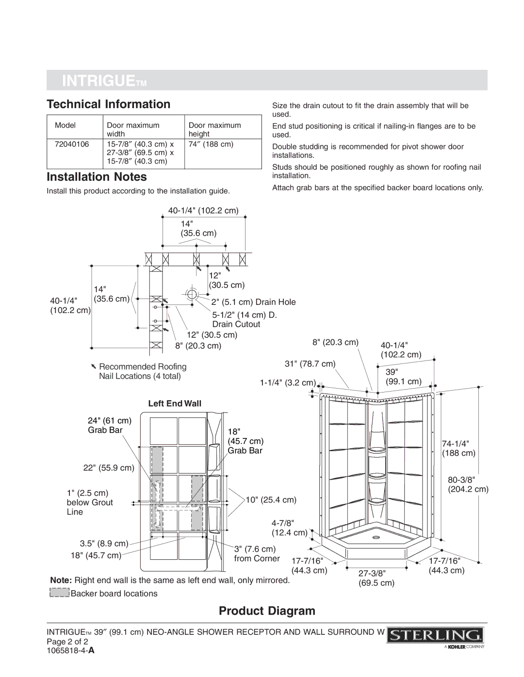 Sterling Plumbing 72040106 warranty Technical Information, Installation Notes, Product Diagram 