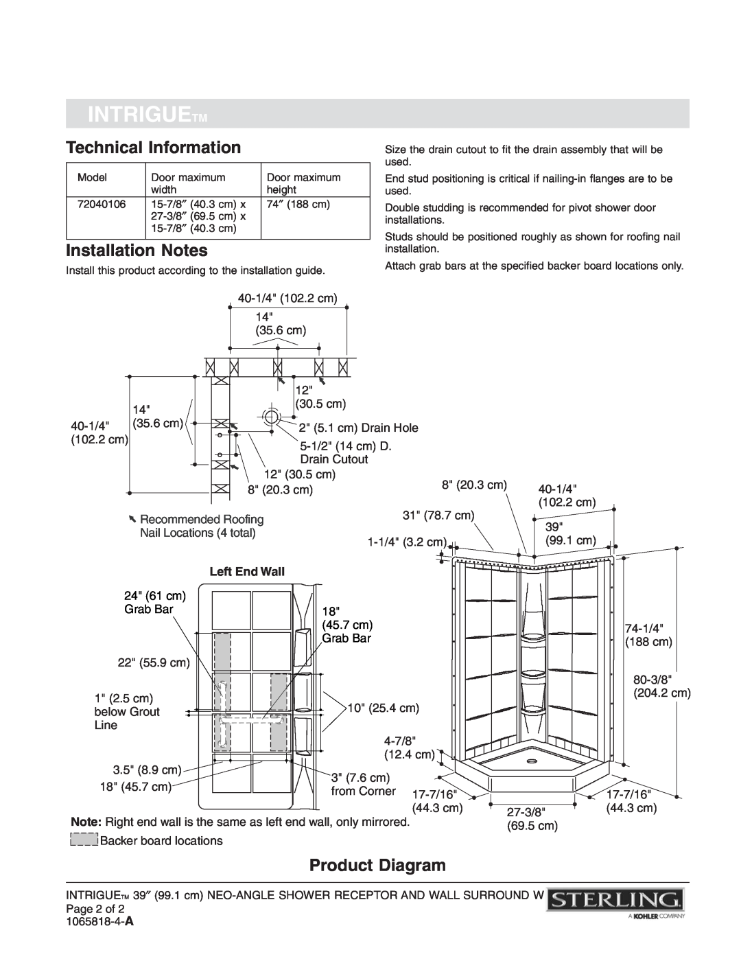 Sterling Plumbing 72040106 warranty Technical Information, Installation Notes, Product Diagram, Intriguetm, Left End Wall 