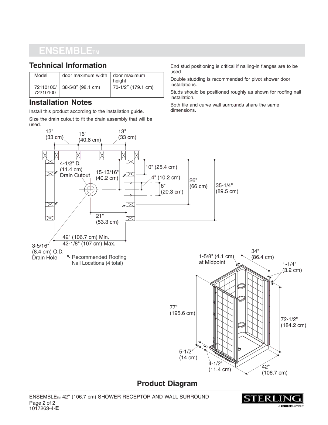 Sterling Plumbing 72110100 warranty Technical Information, Installation Notes, Product Diagram 