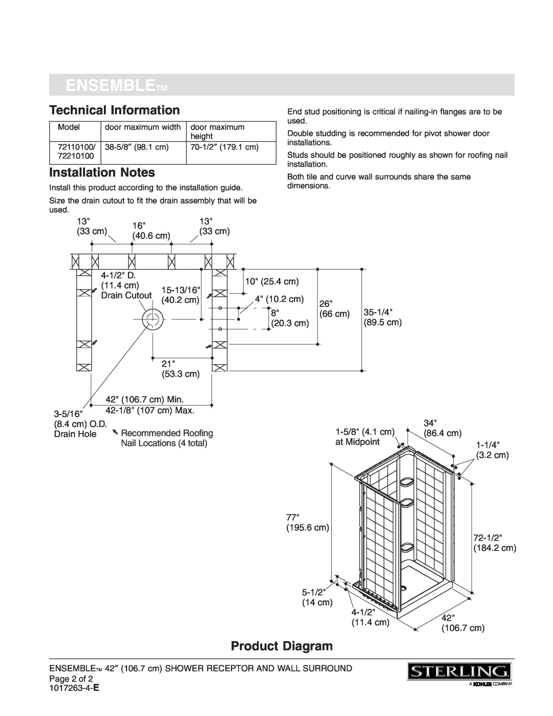 Sterling Plumbing 72110100 warranty Technical Information, Installation Notes, Product Diagram, Ensembletm 