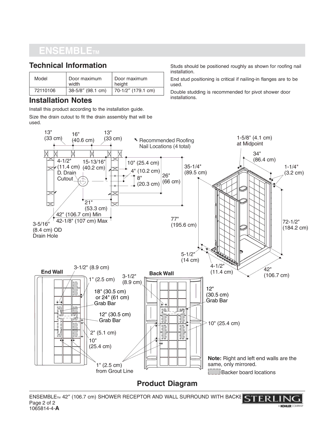 Sterling Plumbing 72110106 warranty Technical Information, Installation Notes, Product Diagram, End Wall 