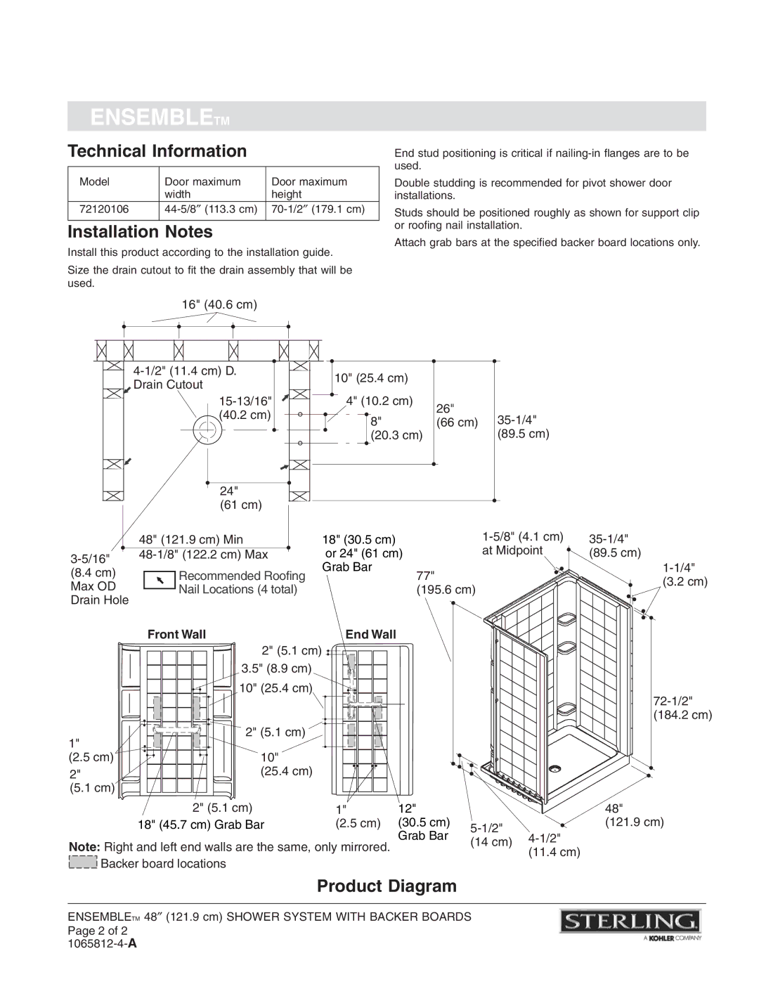 Sterling Plumbing 72120106 warranty Technical Information, Installation Notes, Product Diagram, Front Wall End Wall 