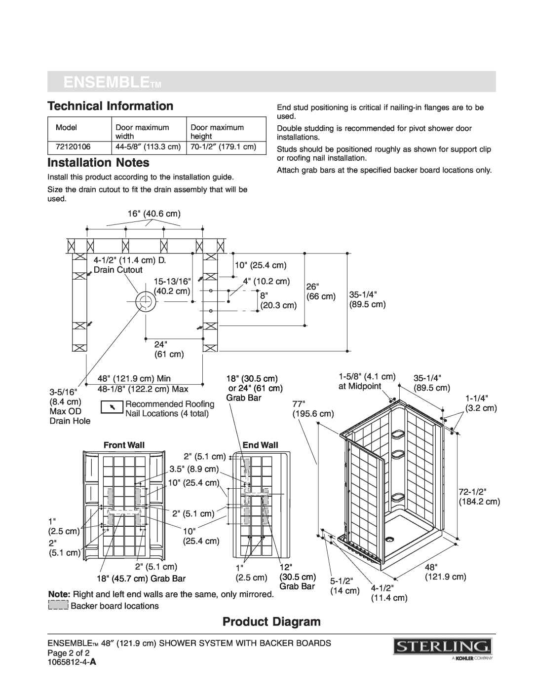 Sterling Plumbing 72120106 Technical Information, Installation Notes, Product Diagram, Ensembletm, Recommended Roofing 