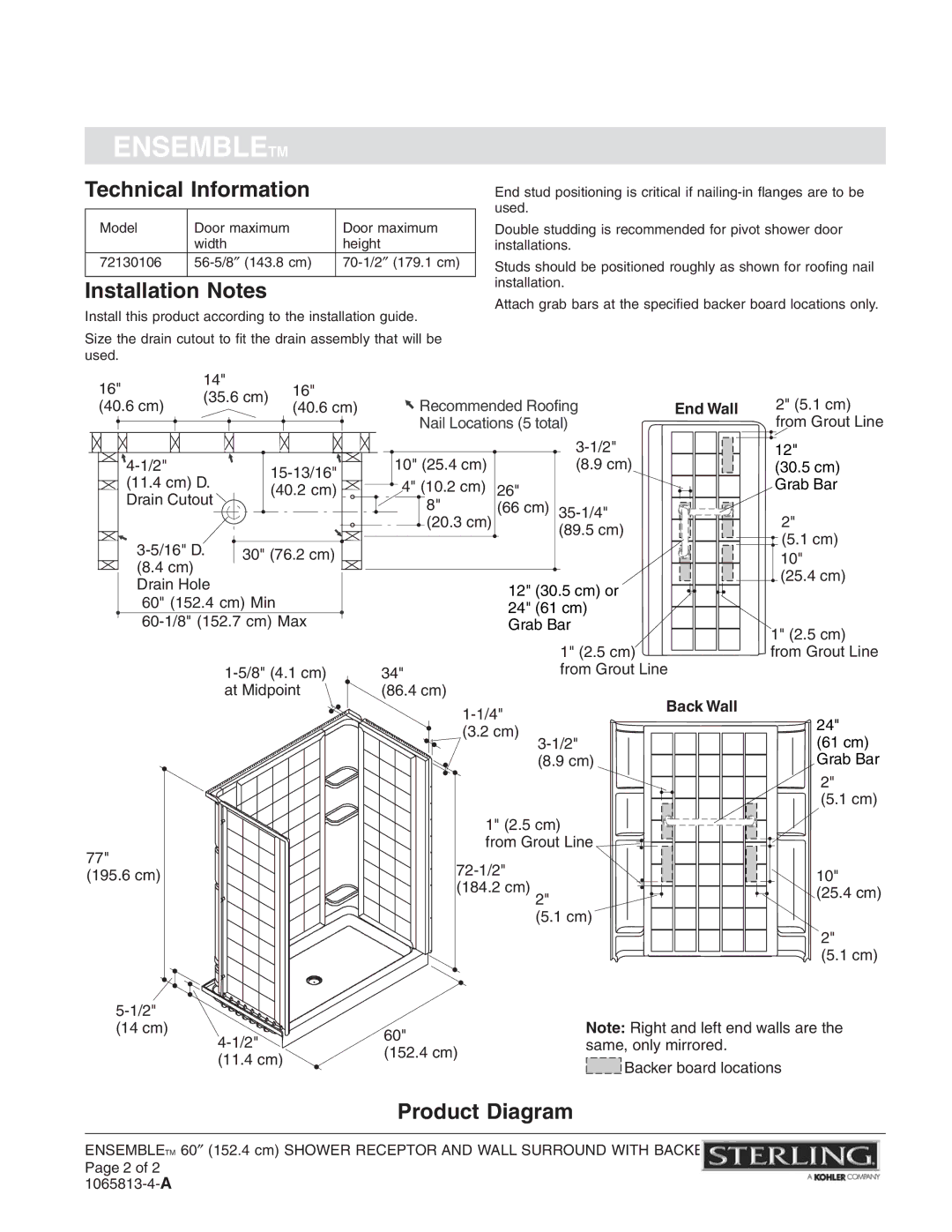 Sterling Plumbing 72130106 warranty Technical Information, Installation Notes, Product Diagram, End Wall, Back Wall 