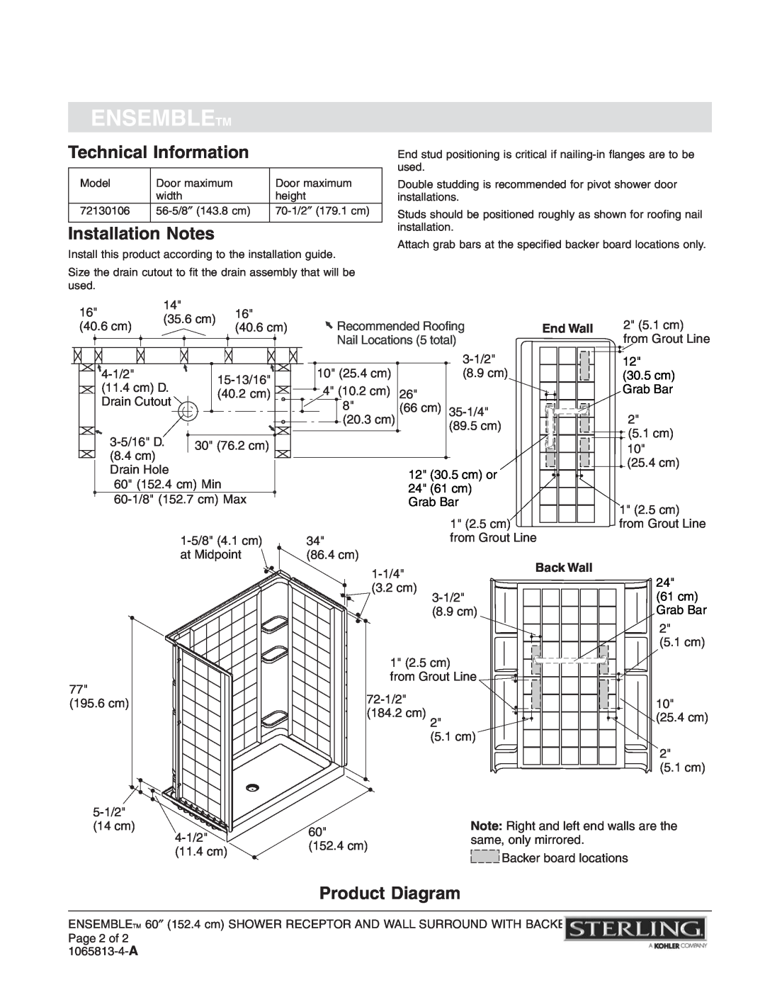 Sterling Plumbing 72130106 Technical Information, Installation Notes, Product Diagram, Ensembletm, Recommended Roofing 