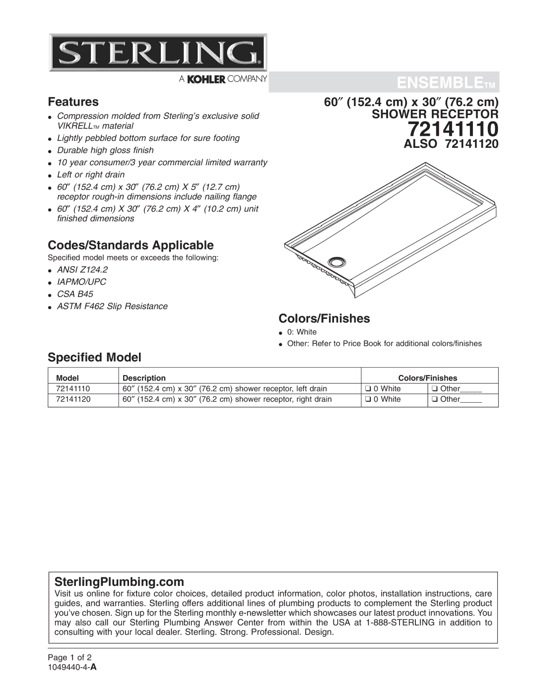 Sterling Plumbing 72141120 warranty 72141110 