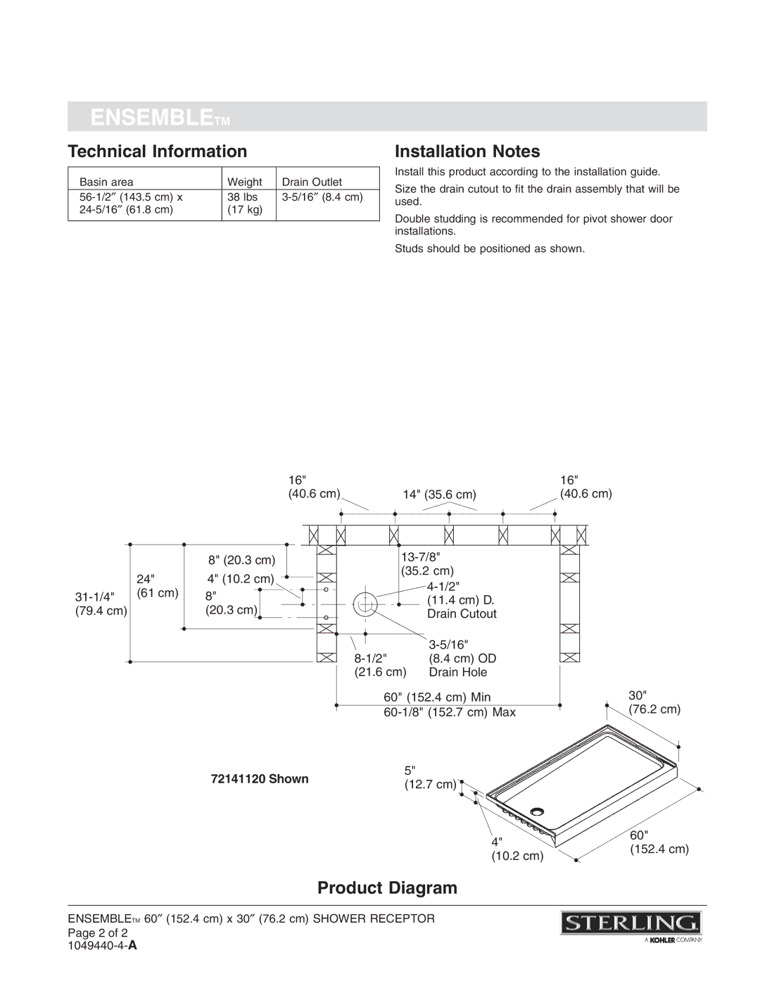 Sterling Plumbing 72141110, 72141120 warranty Technical Information, Installation Notes, Product Diagram 