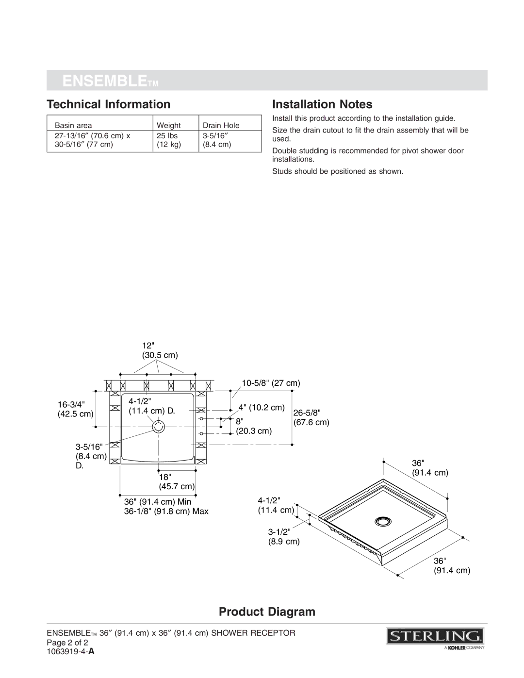 Sterling Plumbing 72161100 warranty Technical Information, Installation Notes, Product Diagram 