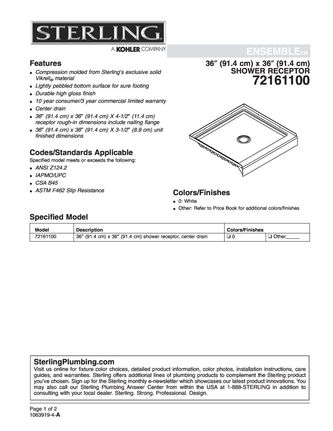 Sterling Plumbing 72161100 warranty Ensembletm, Features, Codes/Standards Applicable, Speciﬁed Model, Colors/Finishes 