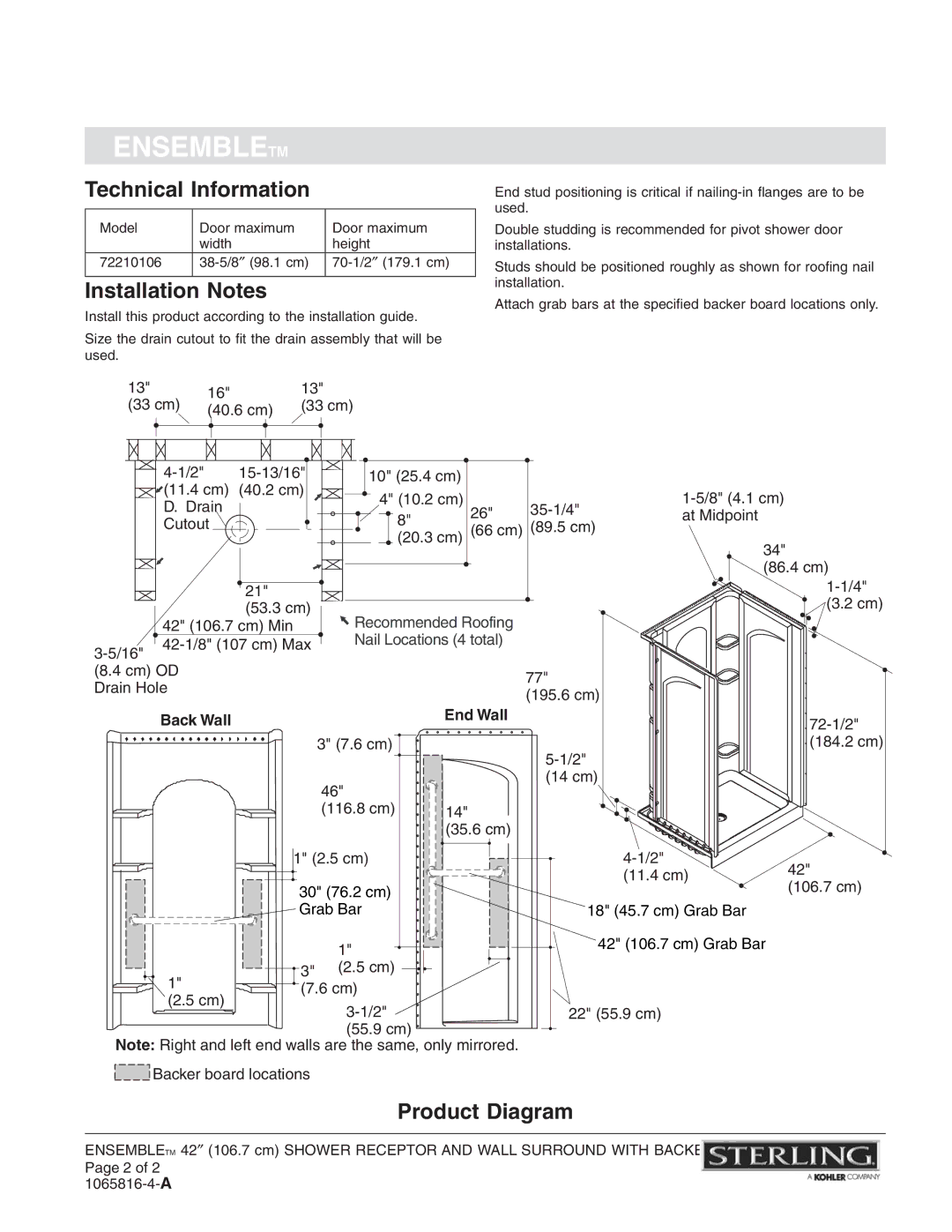 Sterling Plumbing 72210106 warranty Technical Information, Installation Notes, Product Diagram, Back Wall End Wall 