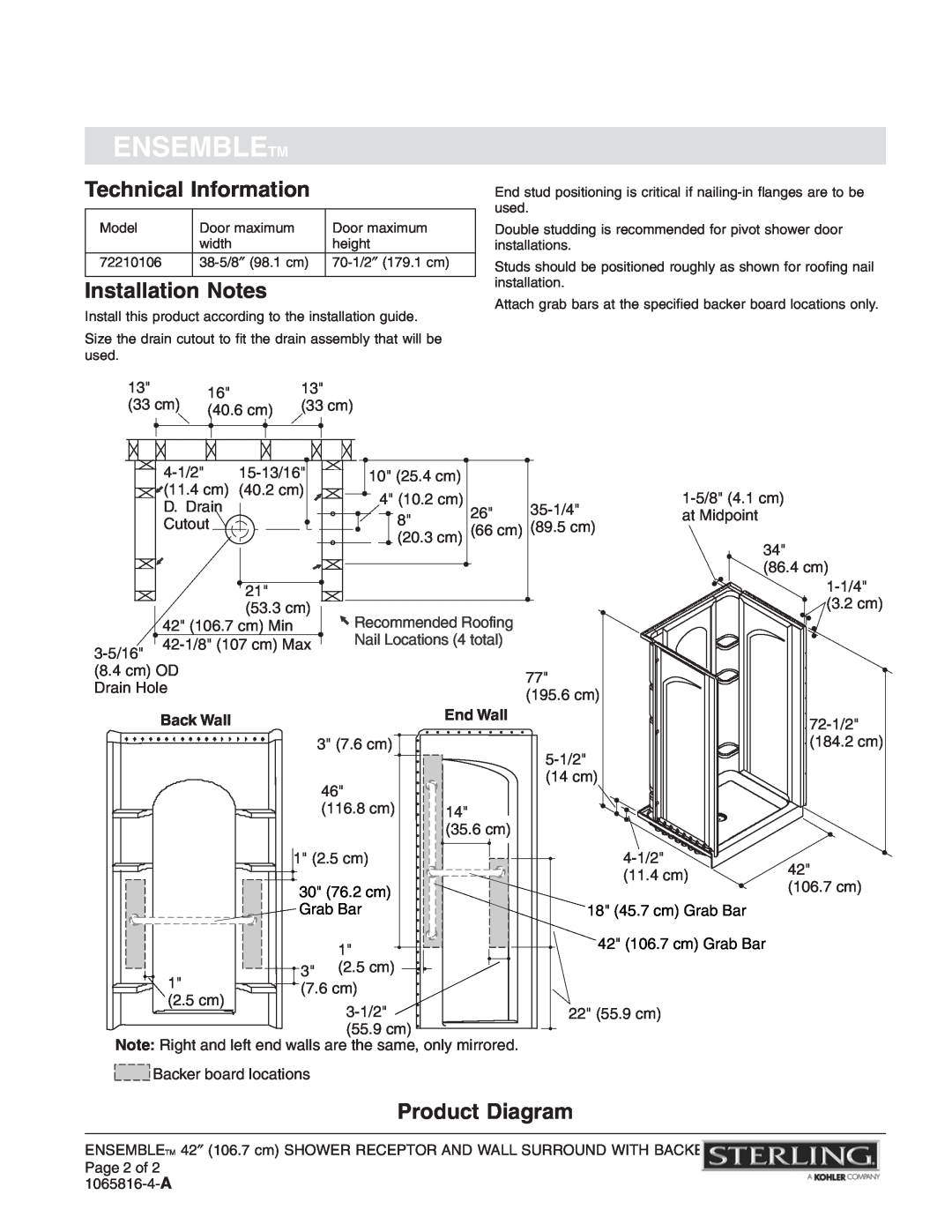 Sterling Plumbing 72210106 Technical Information, Installation Notes, Product Diagram, Ensembletm, Recommended Roofing 