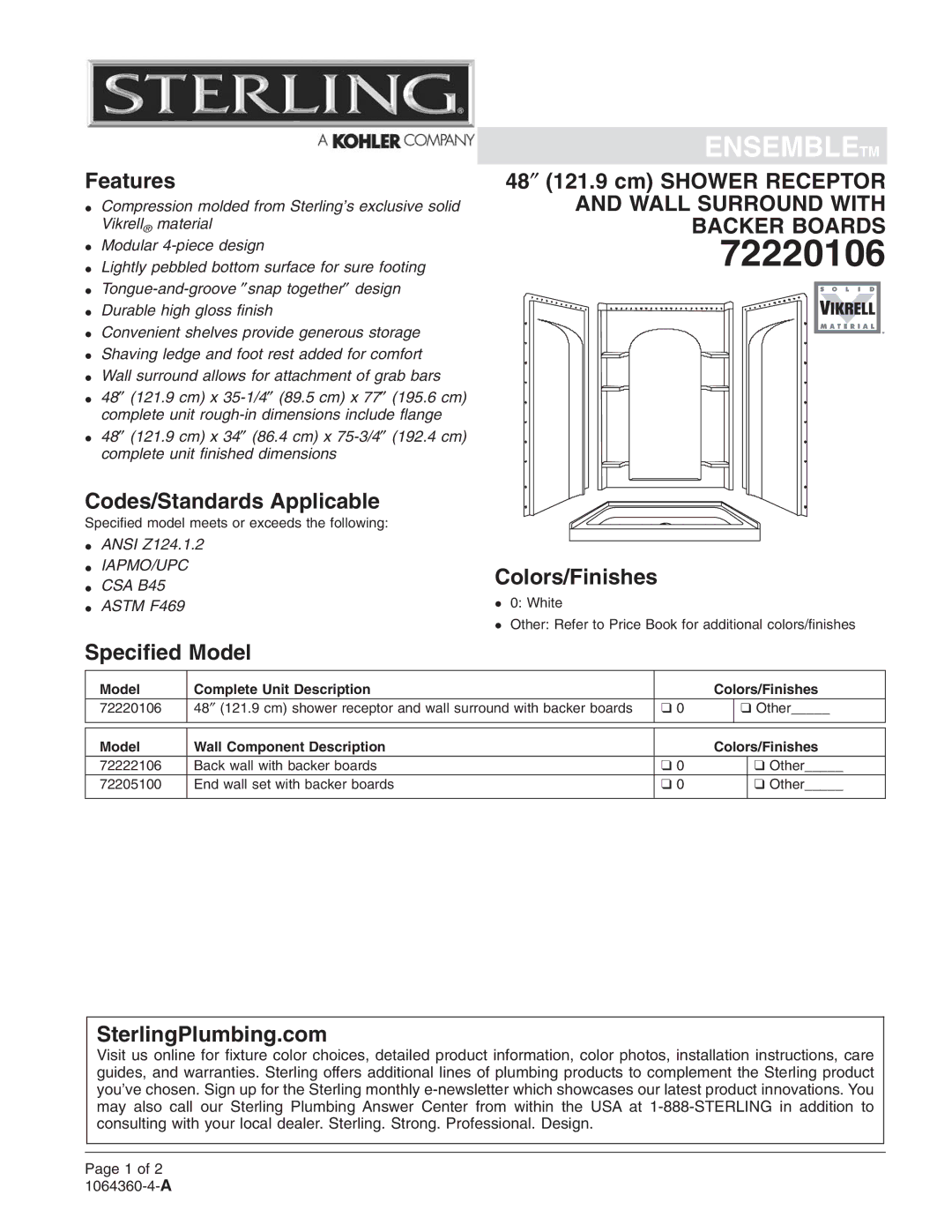 Sterling Plumbing 72220106 dimensions 