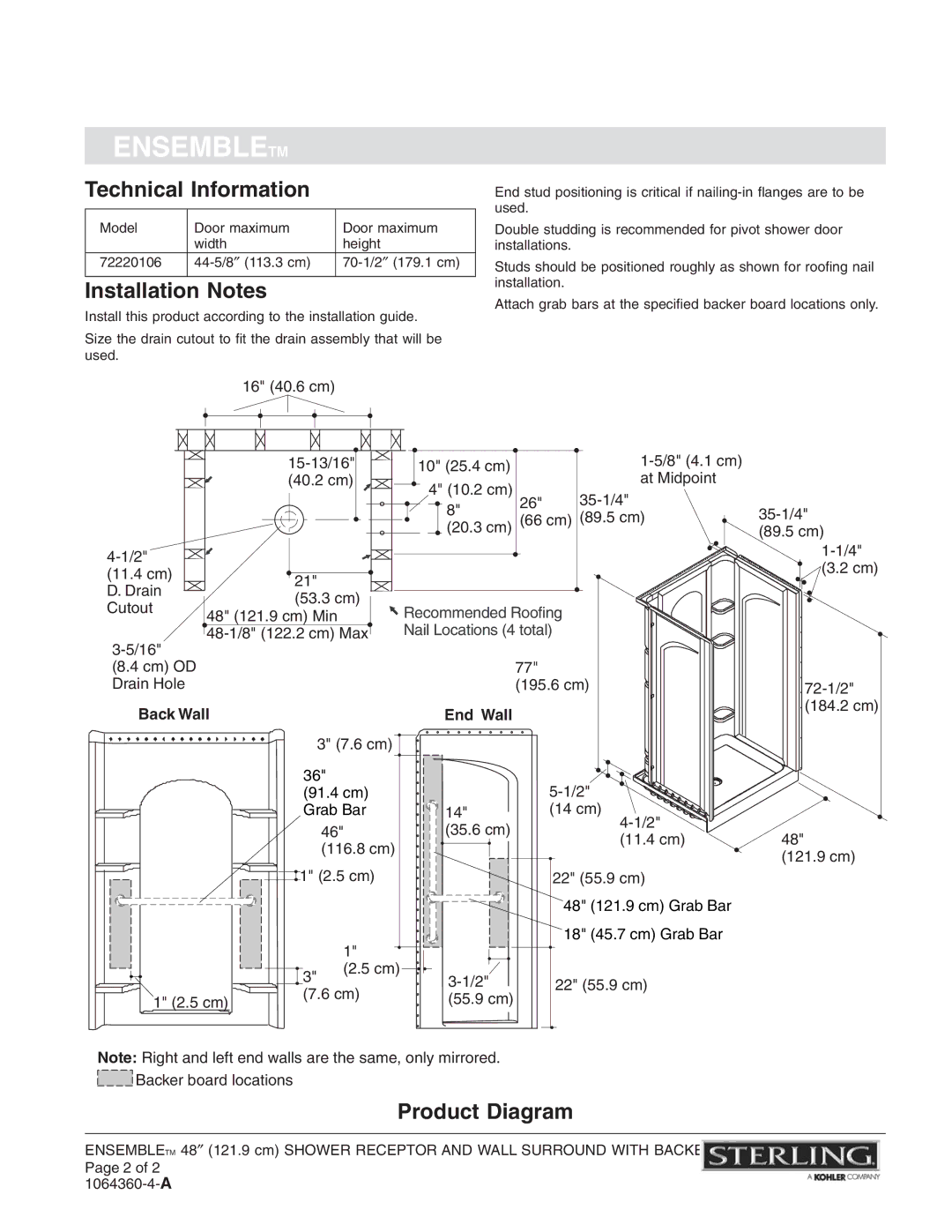 Sterling Plumbing 72220106 dimensions Technical Information, Installation Notes, Product Diagram, Back Wall End Wall 