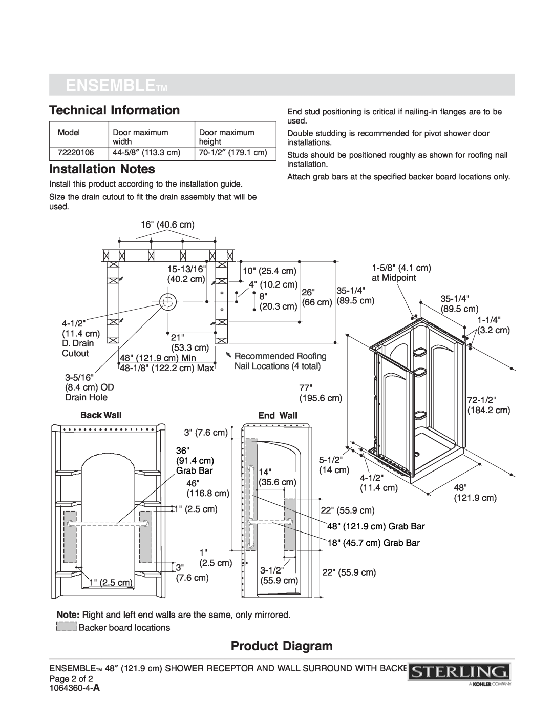 Sterling Plumbing 72220106 Technical Information, Installation Notes, Product Diagram, Ensembletm, Back Wall, End Wall 