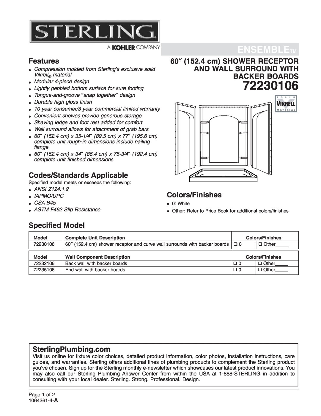 Sterling Plumbing 72230106 warranty Ensembletm, Features, Codes/Standards Applicable, 60″ 152.4 cm SHOWER RECEPTOR 