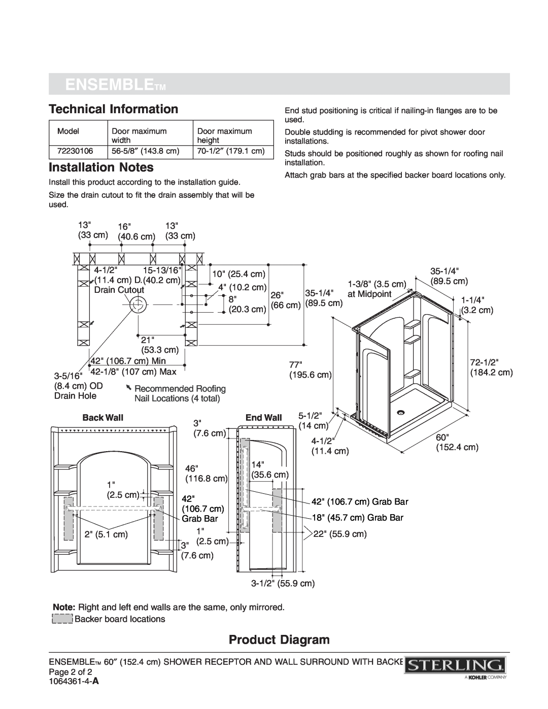 Sterling Plumbing 72230106 Technical Information, Installation Notes, Product Diagram, Ensembletm, Recommended Roofing 