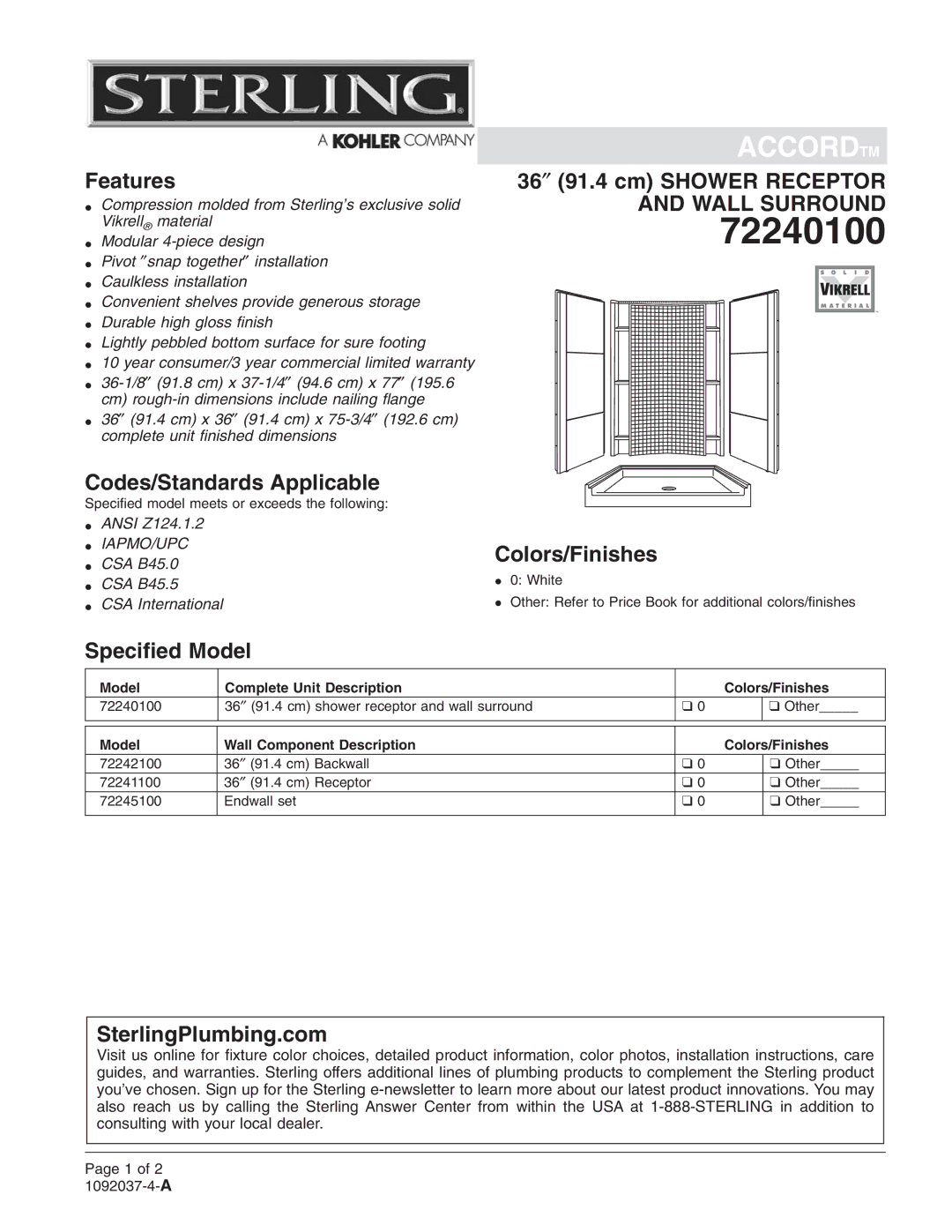 Sterling Plumbing 72240100 warranty 