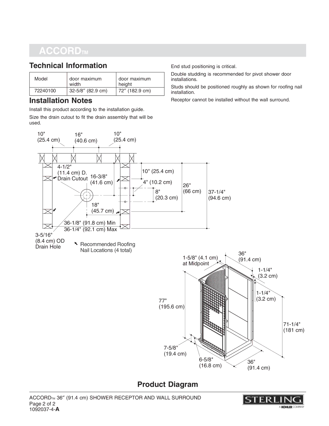 Sterling Plumbing 72240100 warranty Technical Information, Installation Notes, Product Diagram 