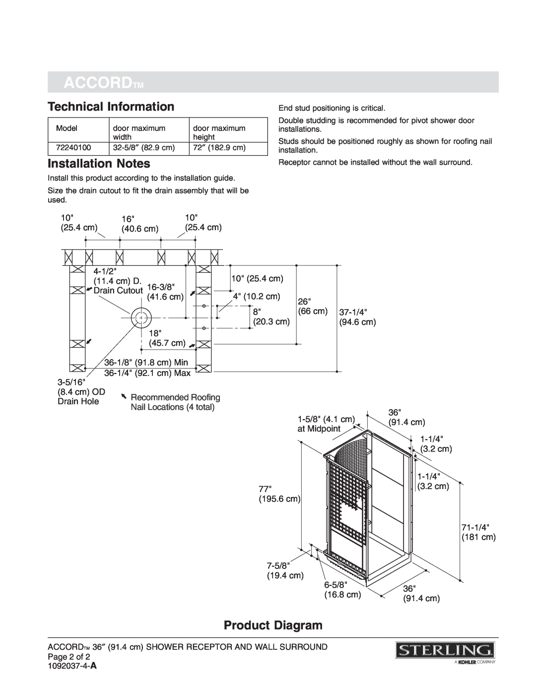 Sterling Plumbing 72240100 warranty Technical Information, Installation Notes, Product Diagram, Accordtm 