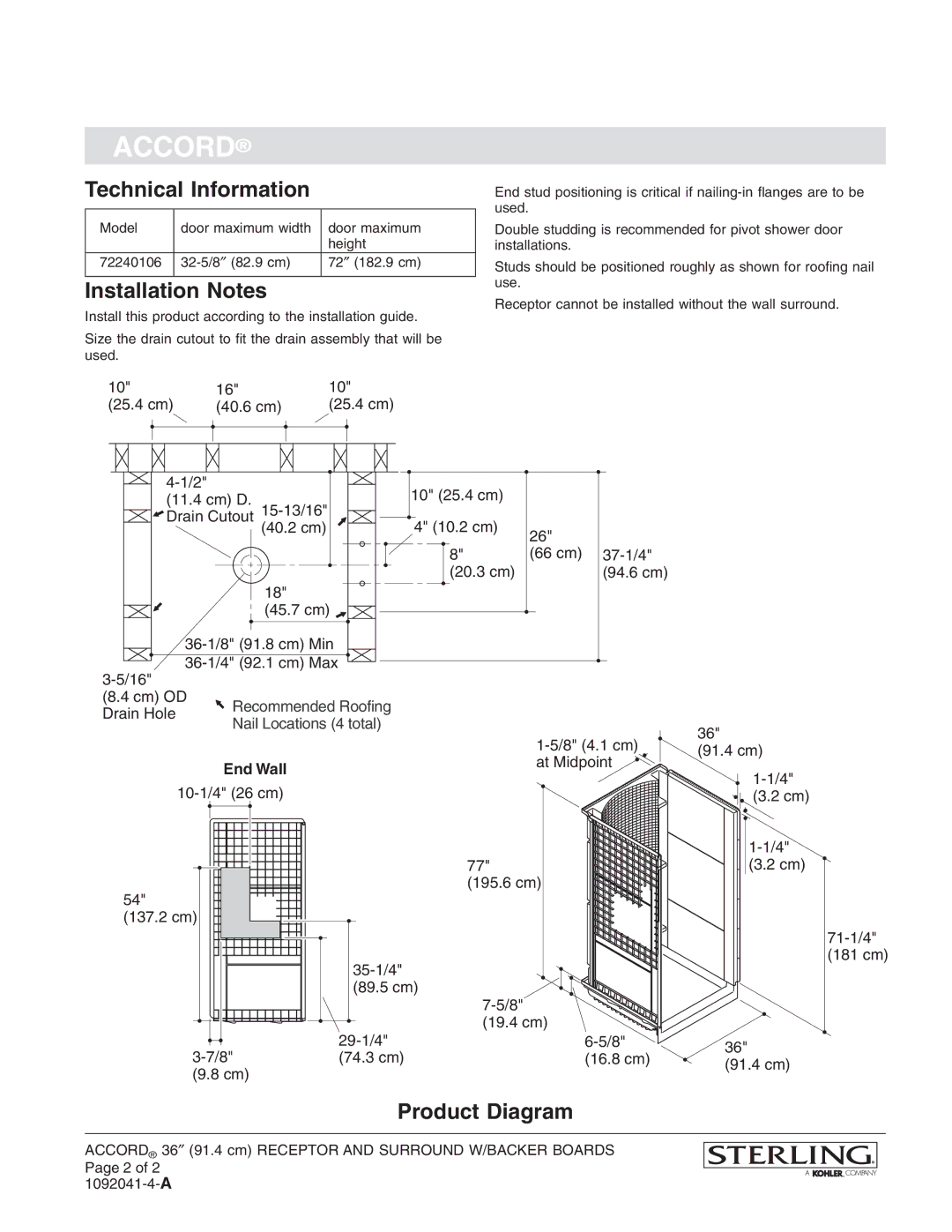 Sterling Plumbing 72240106 warranty Technical Information, Installation Notes, Product Diagram, End Wall 