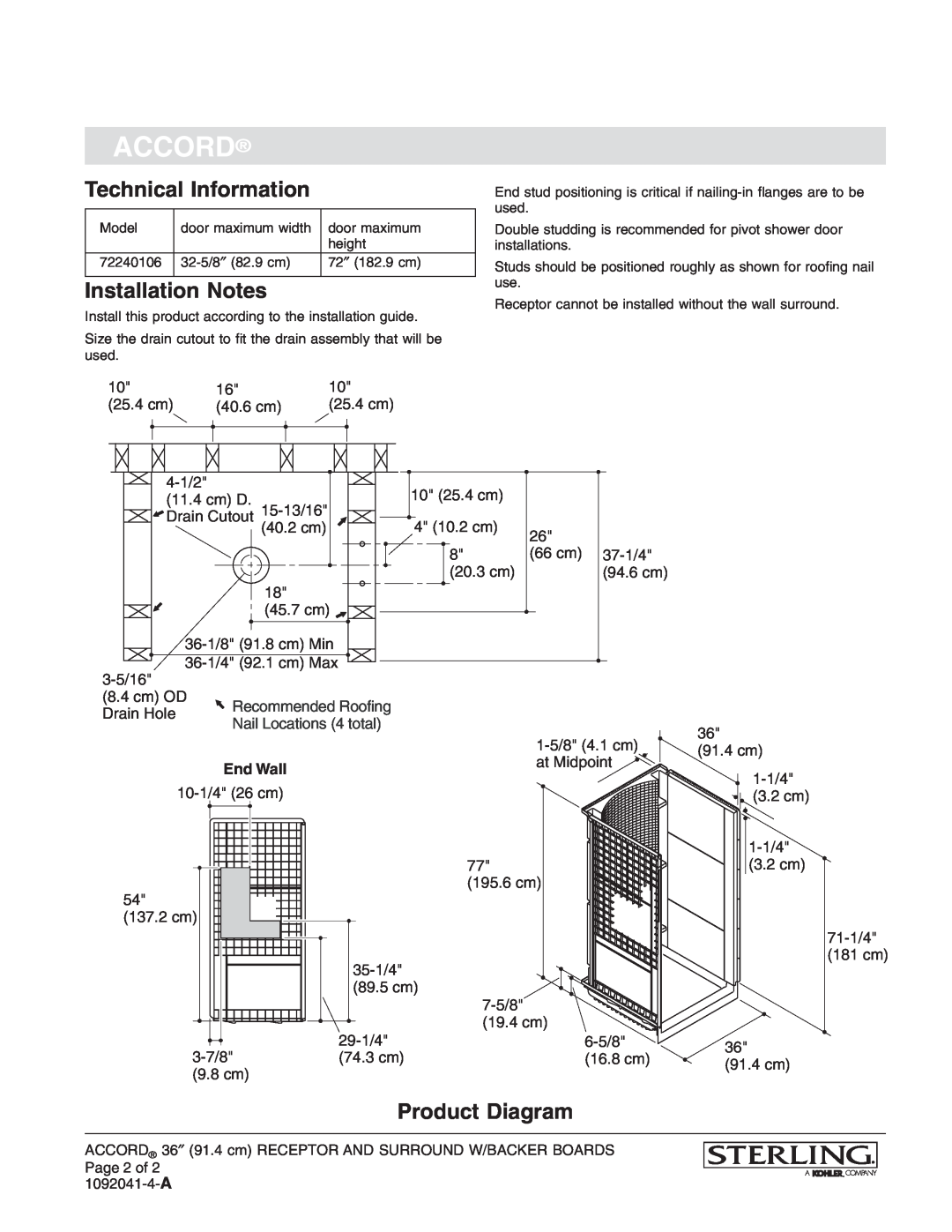 Sterling Plumbing 72240106 warranty Technical Information, Installation Notes, Product Diagram, End Wall, Accord 