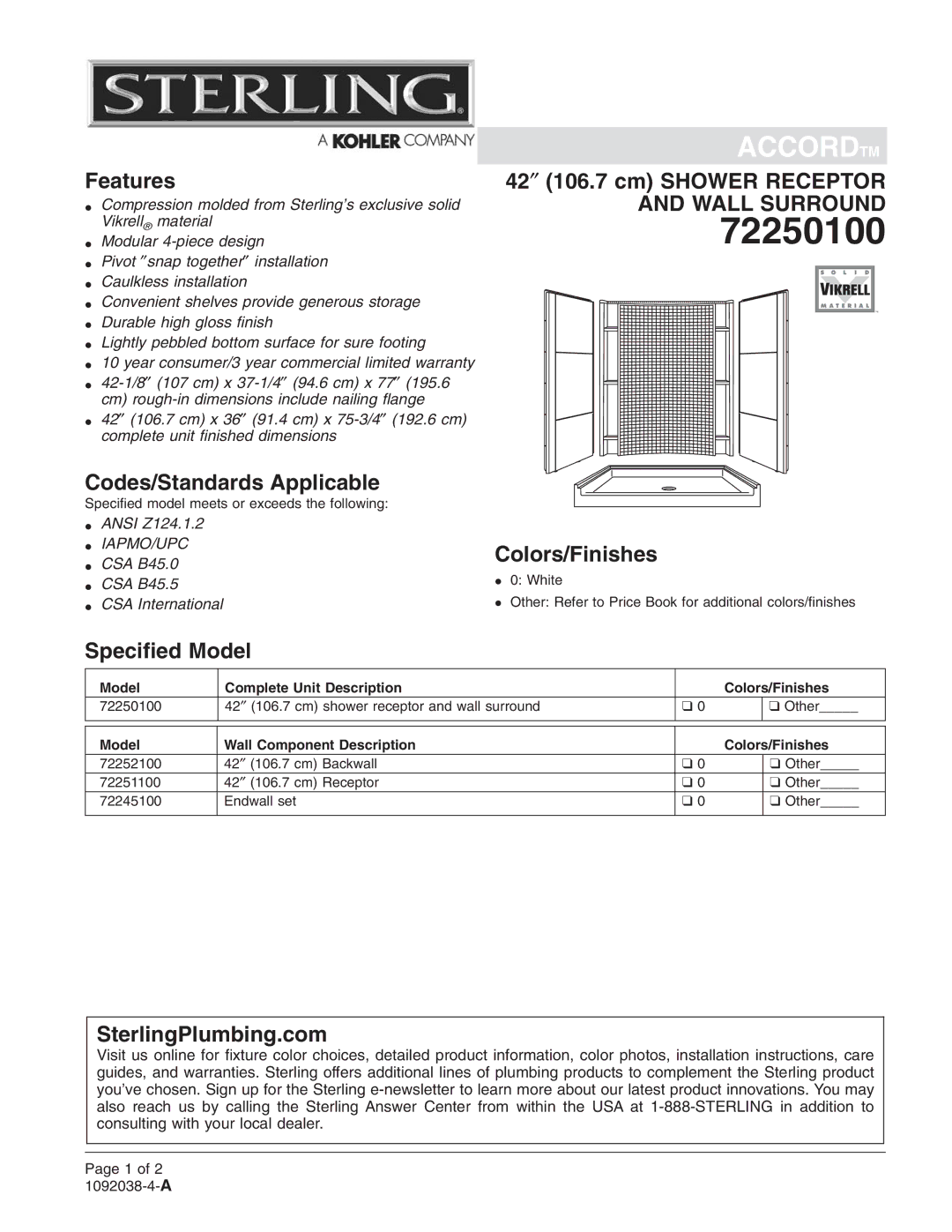 Sterling Plumbing 72250100 warranty 