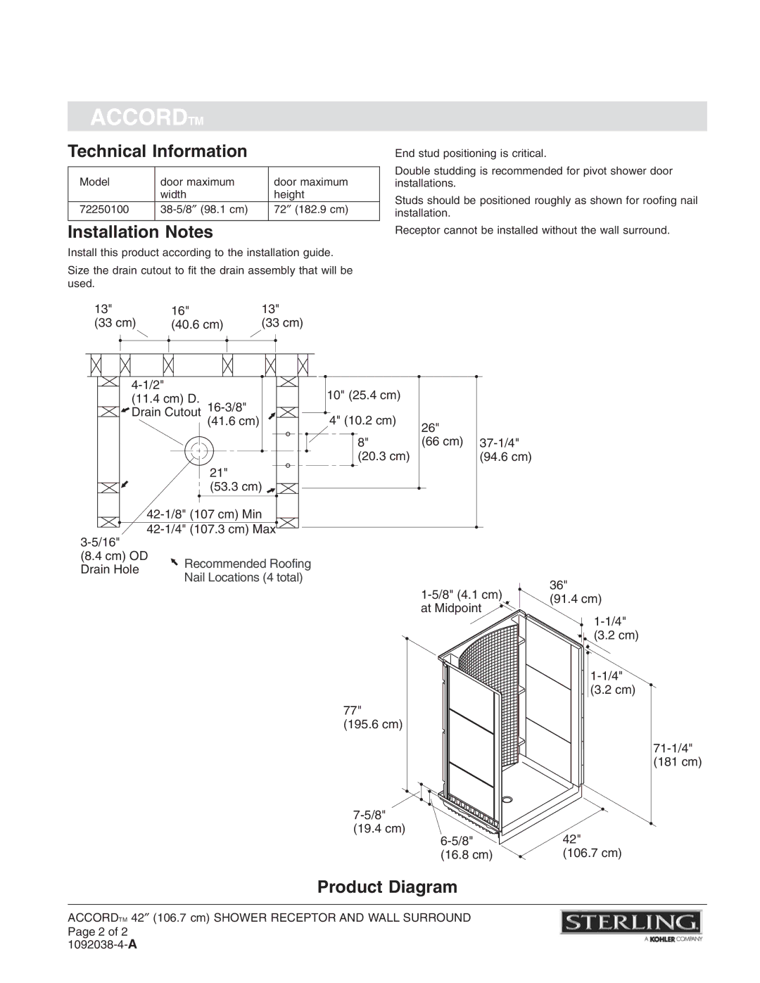 Sterling Plumbing 72250100 warranty Technical Information, Installation Notes, Product Diagram 